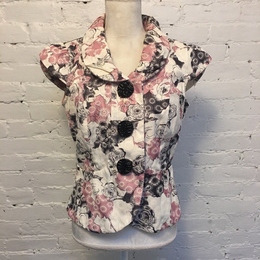 An Ren wide collar top puff sleeve pink black floral size m